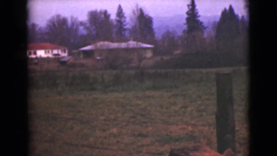 A rural Alaska landscape shows houses beyond an open field, with trees, hills, and a foreground post under dim light.