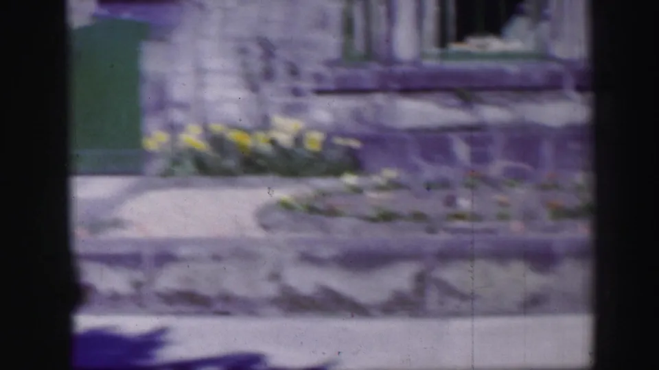 1952 Edinburgh home-movie frame showing a stone residential facade, green-painted entrance, green window trim, and spring flowers.