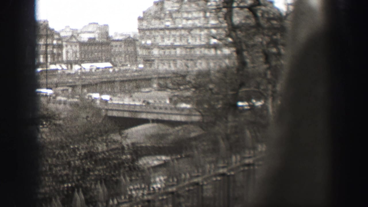 City bridge and stone buildings seen through dark foreground bars and bare tree branches.