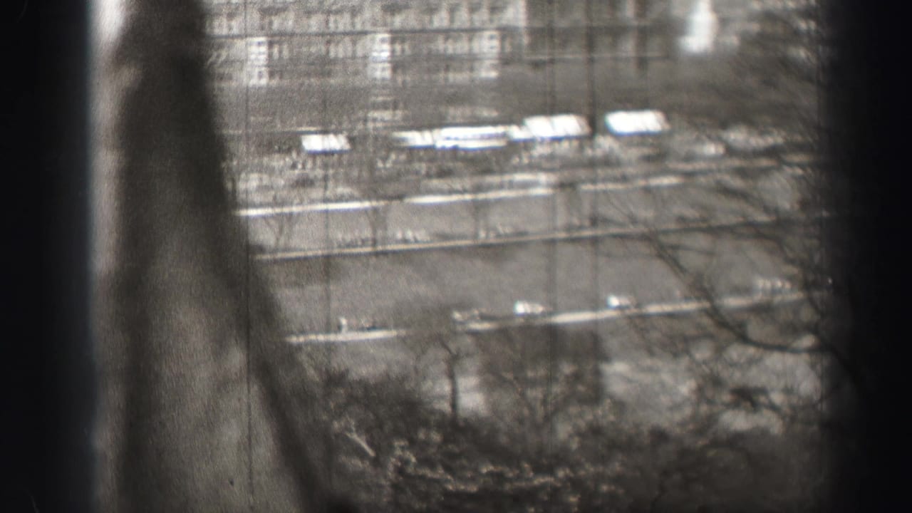 High-angle black-and-white view of a broad street seen through dark vertical obstructions and bare tree branches.