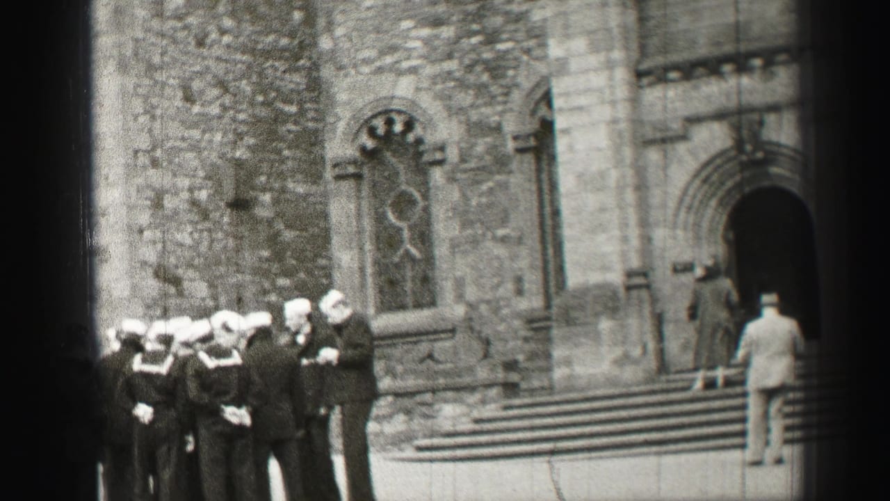 Sailors in white caps and dark uniforms stand near the steps of a stone church in Scotland, 1952 metadata supported.