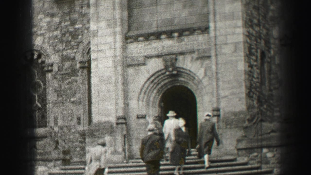 In Edinburgh, Scotland, 1952 metadata, adults in hats and formal dress ascend steps toward a carved stone archway.