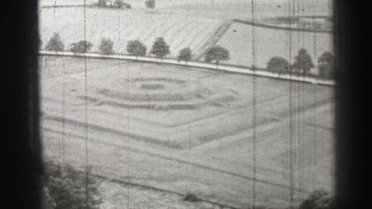 Elevated view of a patterned lawn with circular shapes, paths, trees, and dark film edges.