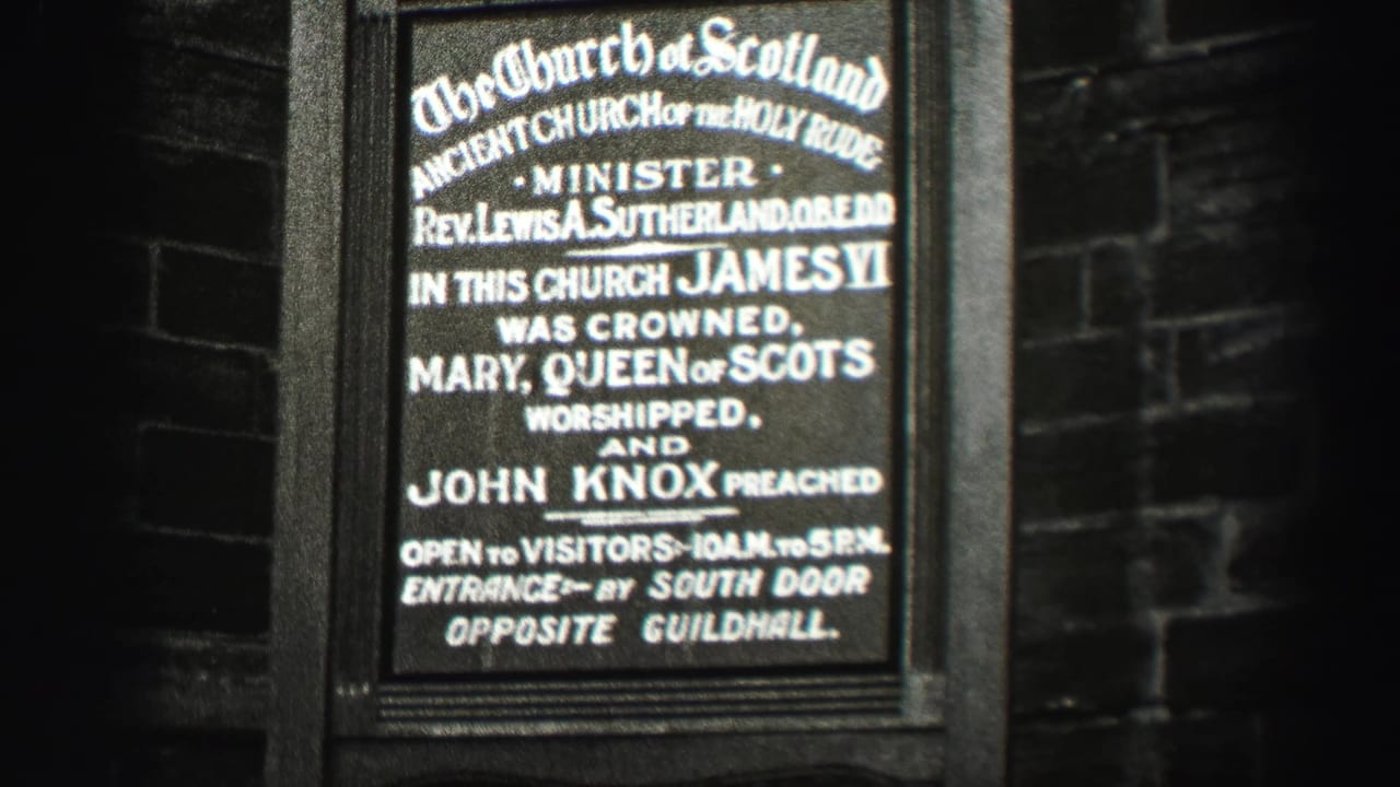 Close 1952 Scotland view of a Church of Scotland sign listing historic figures and visitor information.