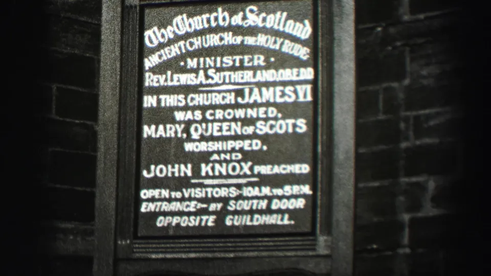 Close 1952 Scotland view of a Church of Scotland sign listing historic figures and visitor information.