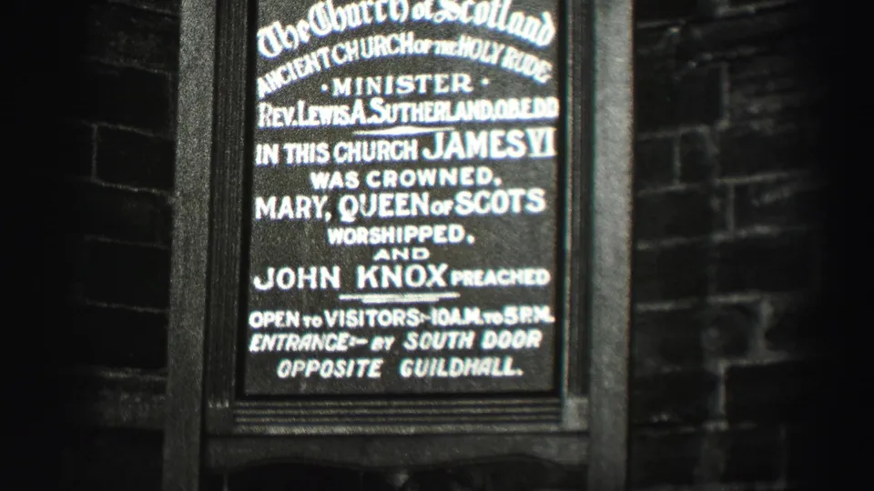 1952 Scotland visitor-shot frame of a historic Church of Scotland notice mounted outside a church building.