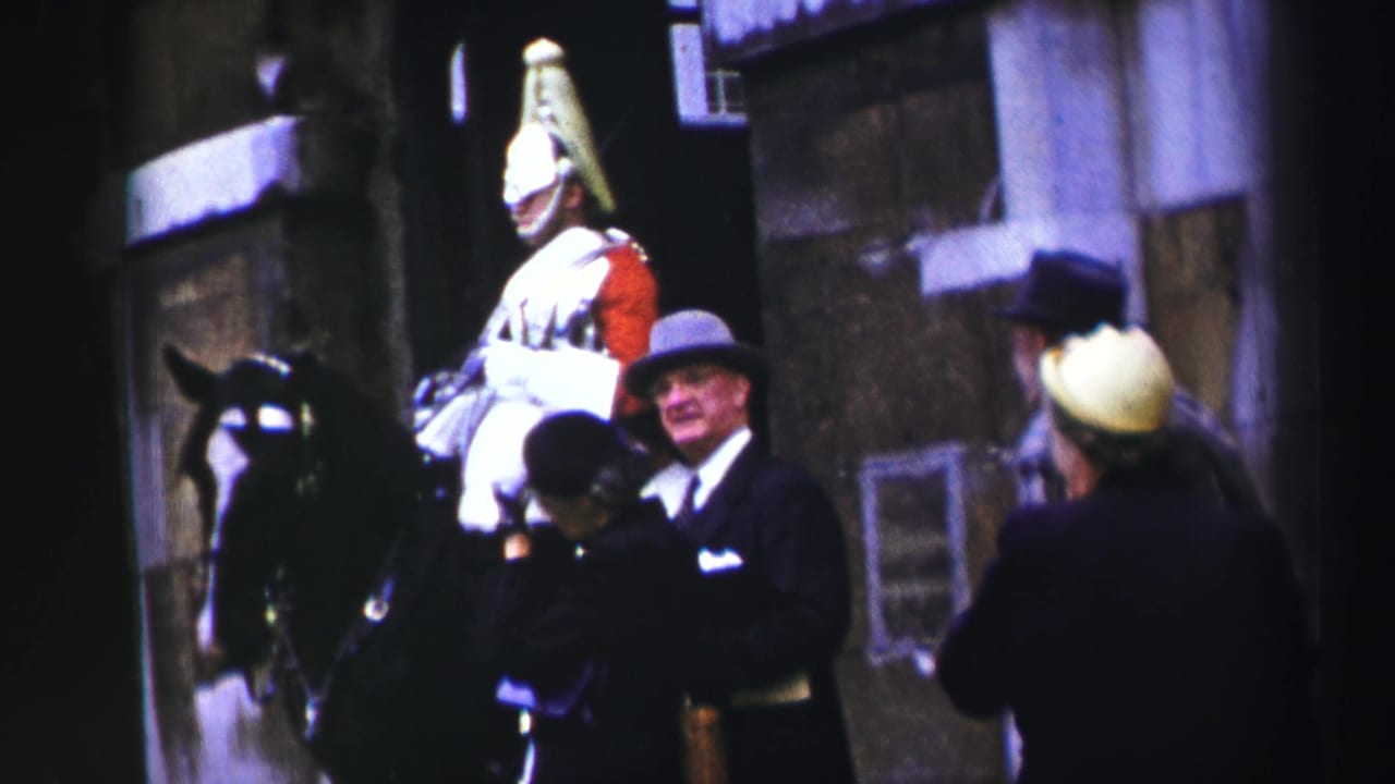 Mounted guard on a black horse beside onlookers, with a woman reaching toward the horse.