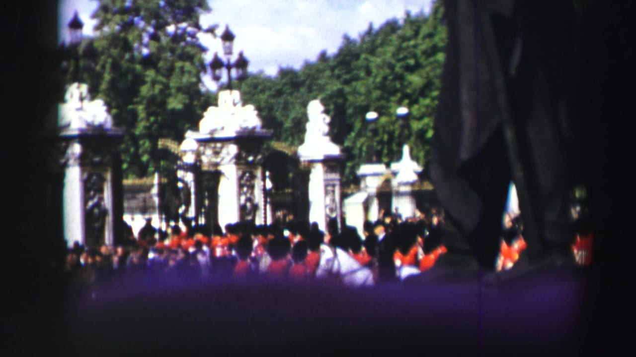 Crowd and red-uniformed soldiers in front of ornate gates and greenery.