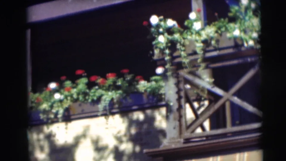 1954 Pennington, New Jersey frame with bright flowers, trailing greenery, and wooden balcony detail on a residential facade.