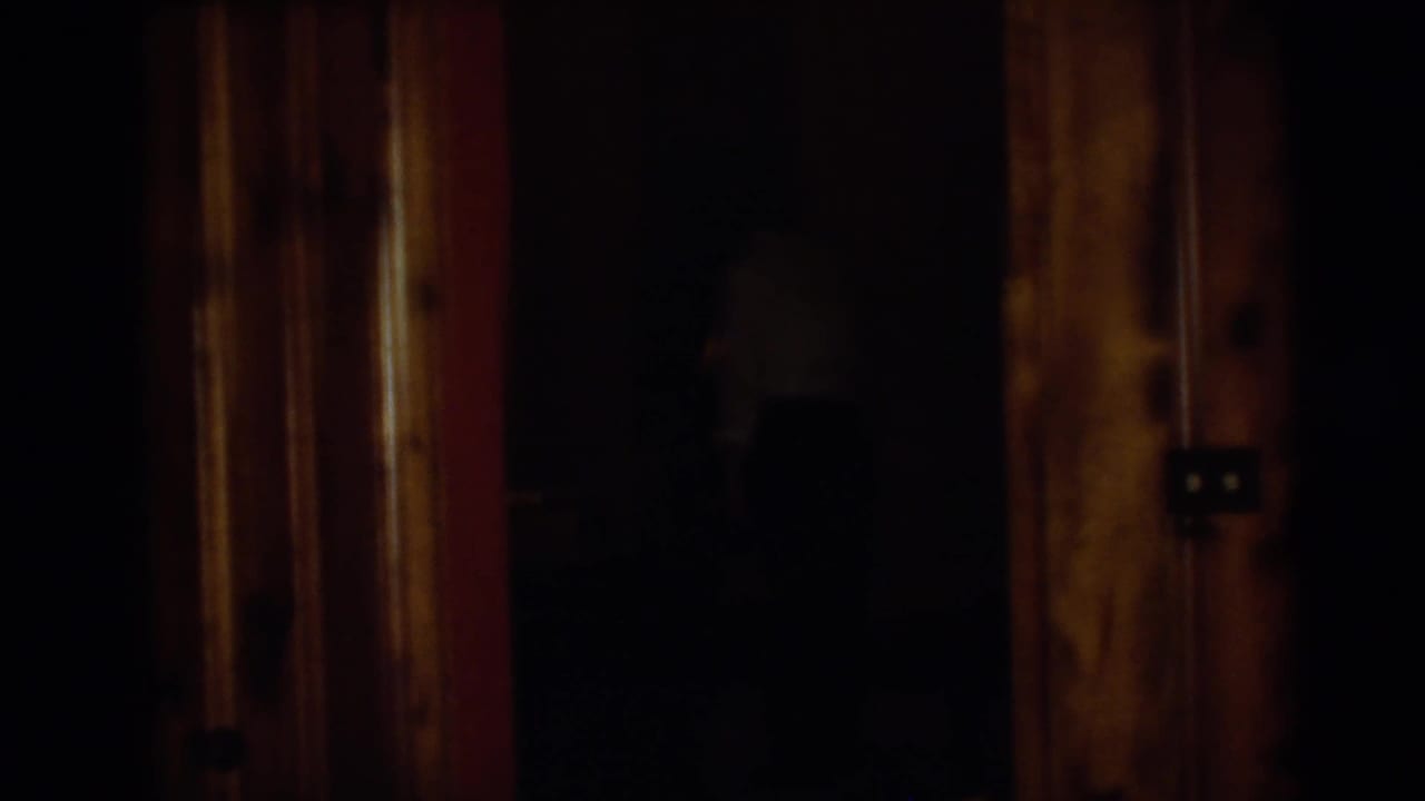 Dim wood-paneled interior with a faint figure partly visible in a dark doorway.