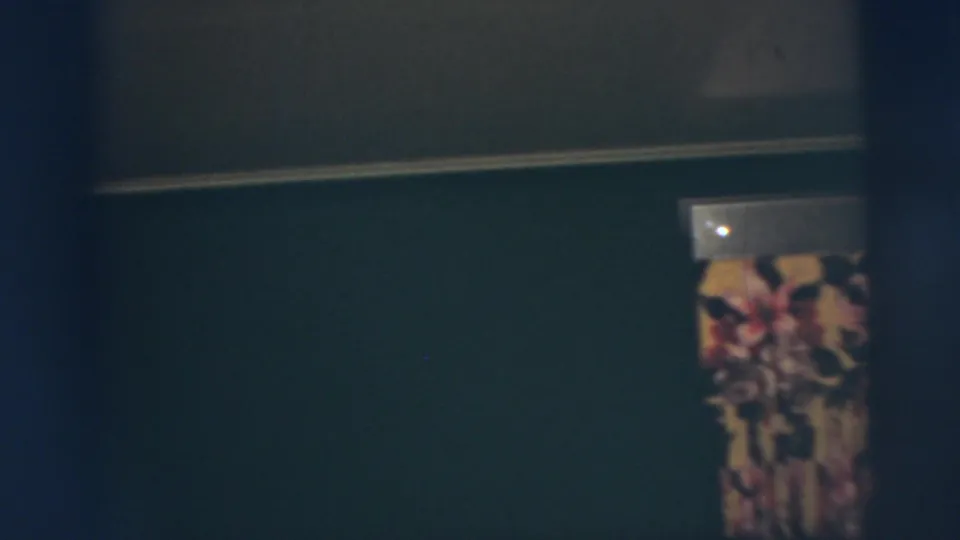 A mostly empty dim interior frame shows the floral wall panel and dark wall after the man has moved mostly out of view.