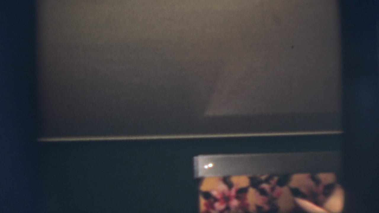 Dark interior surface with a small floral picture or patterned object and a pale hat-like edge partly visible.