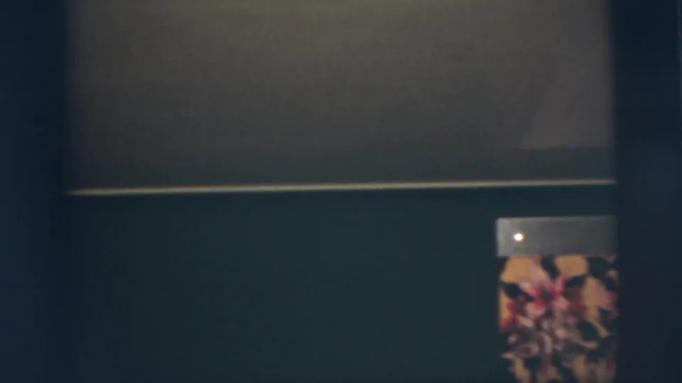 1955 Pennington home-movie frame with a floral-patterned object at the lower right, seen in soft focus against a dark interior surface.