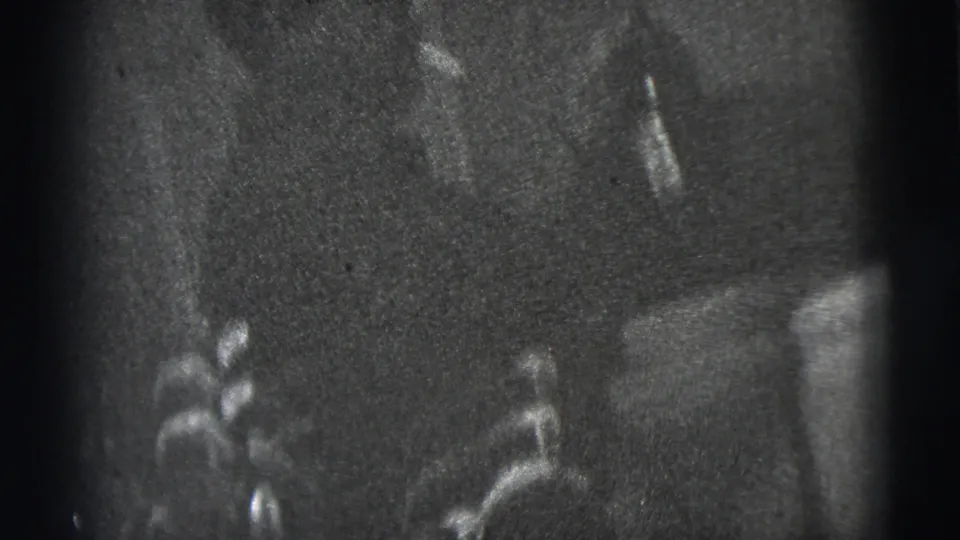 The handheld 8mm frame shows a dim private interior with the man partly visible near a table and chair shapes.