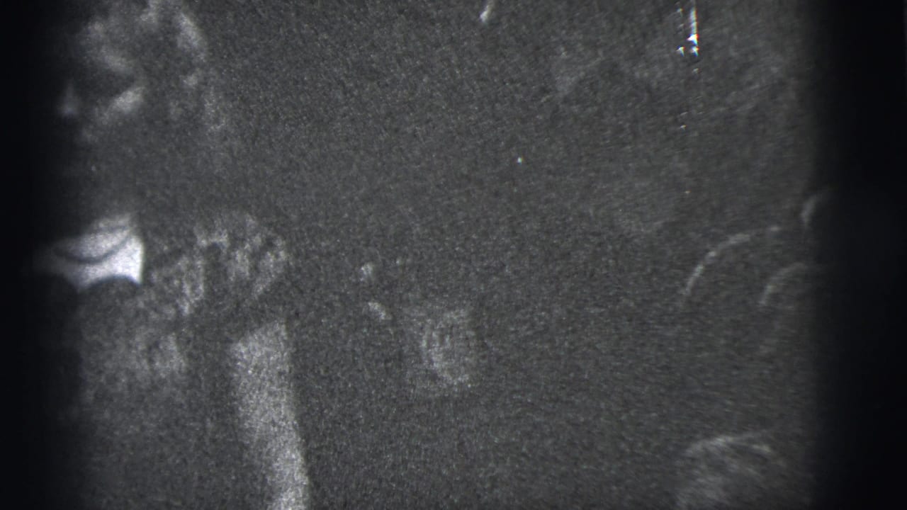 A woman appears in soft focus beside a dark frame edge in metadata-supported 1956 New York City home-movie footage.
