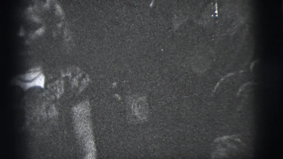A woman appears in soft focus beside a dark frame edge in metadata-supported 1956 New York City home-movie footage.