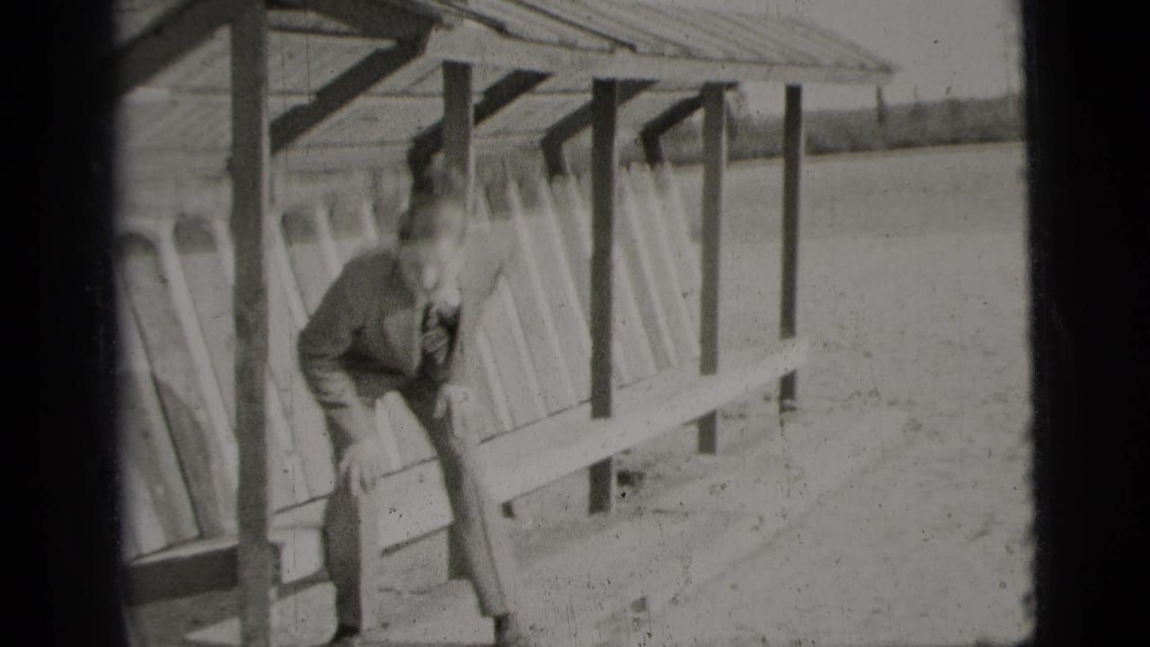 Man in a suit leaning forward on a wooden bench under an open lakeside shelter.