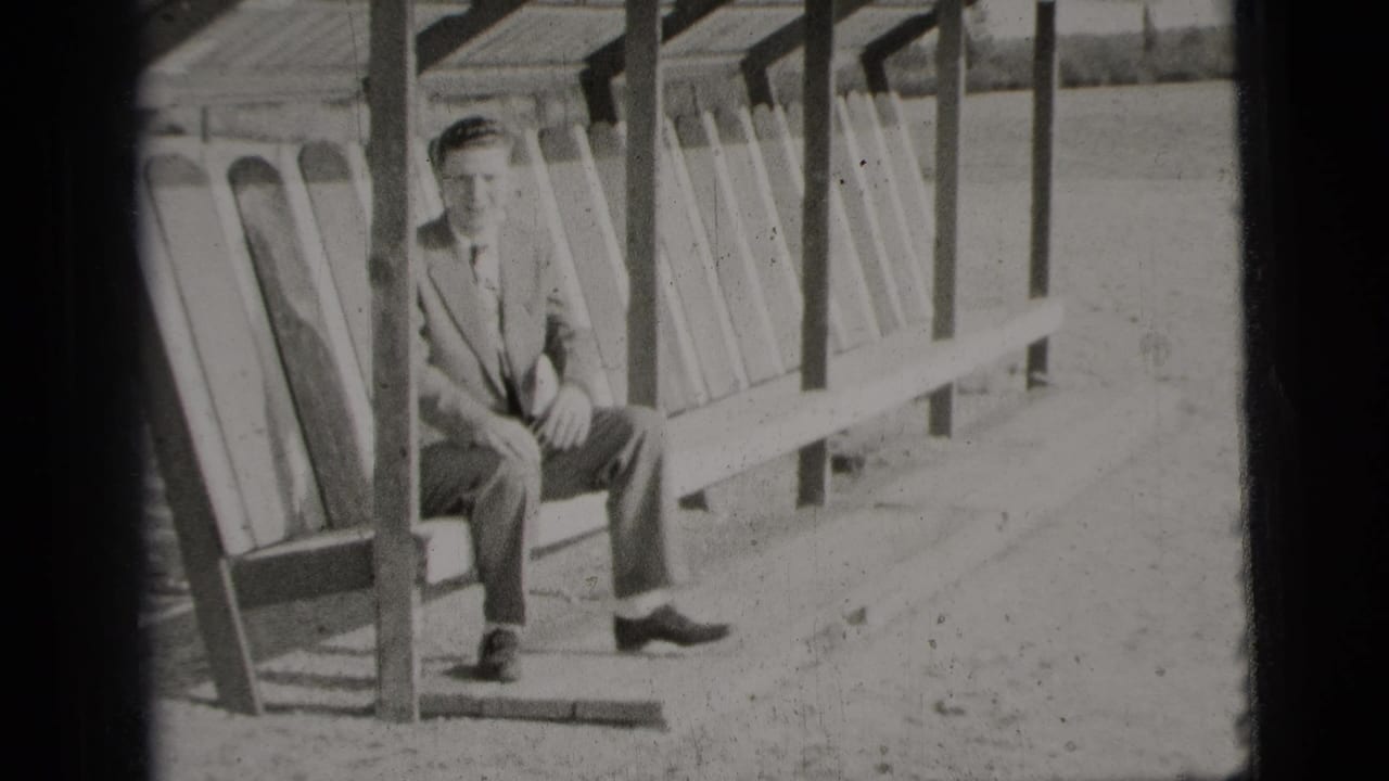 The suited man sits upright on the lakeside bench under the shelter, facing the camera in the 1956 New York City clip.