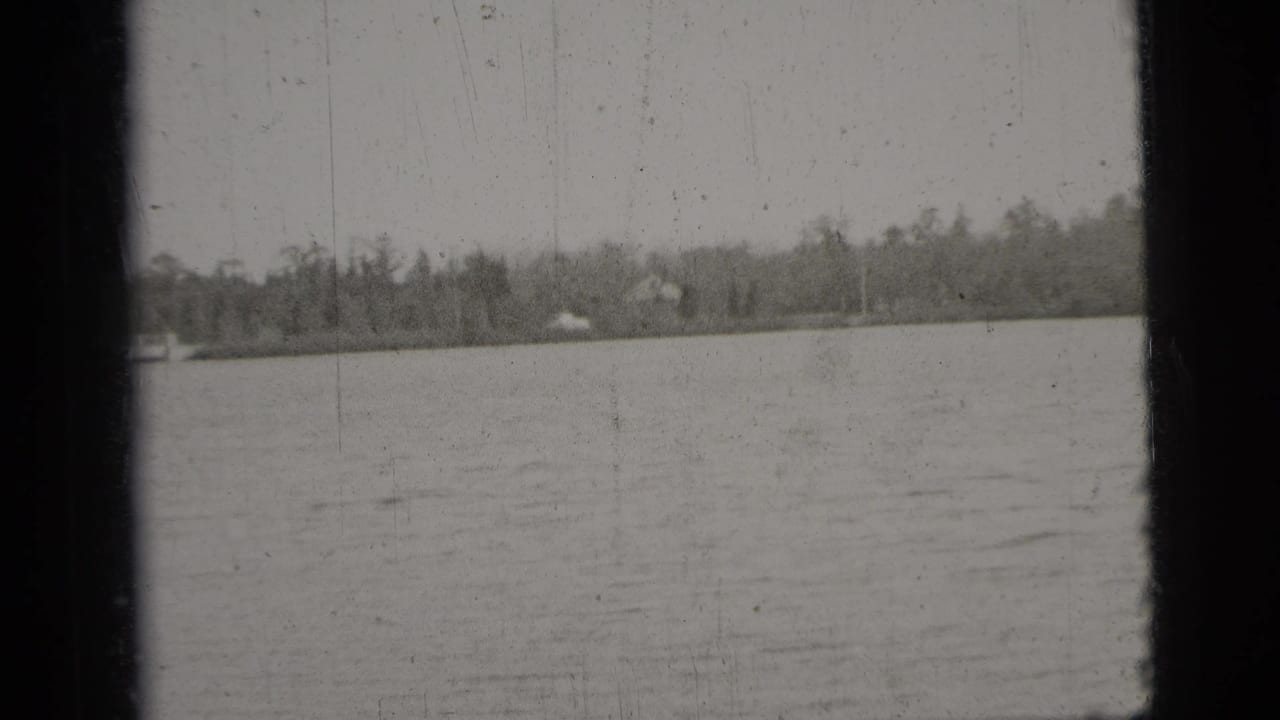 Calm water with a tree-lined far shore and dark film borders.