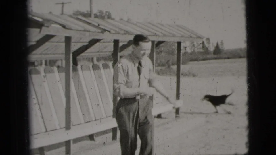 Near the wooden shelter, the man stands or gestures while a dog moves across the open sandy background.