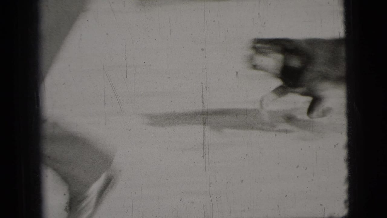 A dog moves quickly across a snowy yard in 1956 New York City home-movie footage, with a partial leg visible at frame edge.