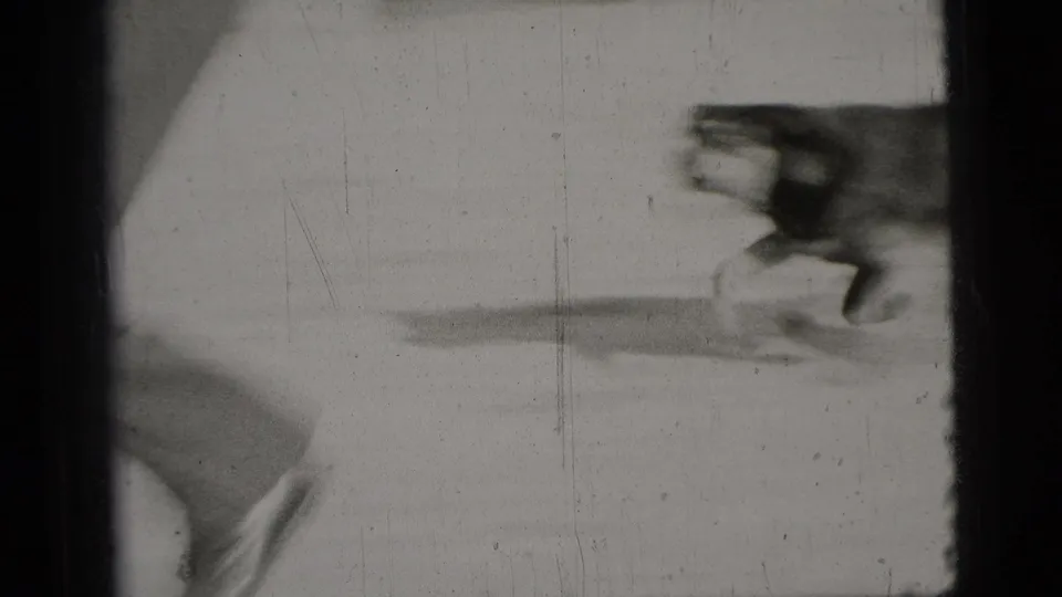 A dog moves quickly across a snowy yard in 1956 New York City home-movie footage, with a partial leg visible at frame edge.