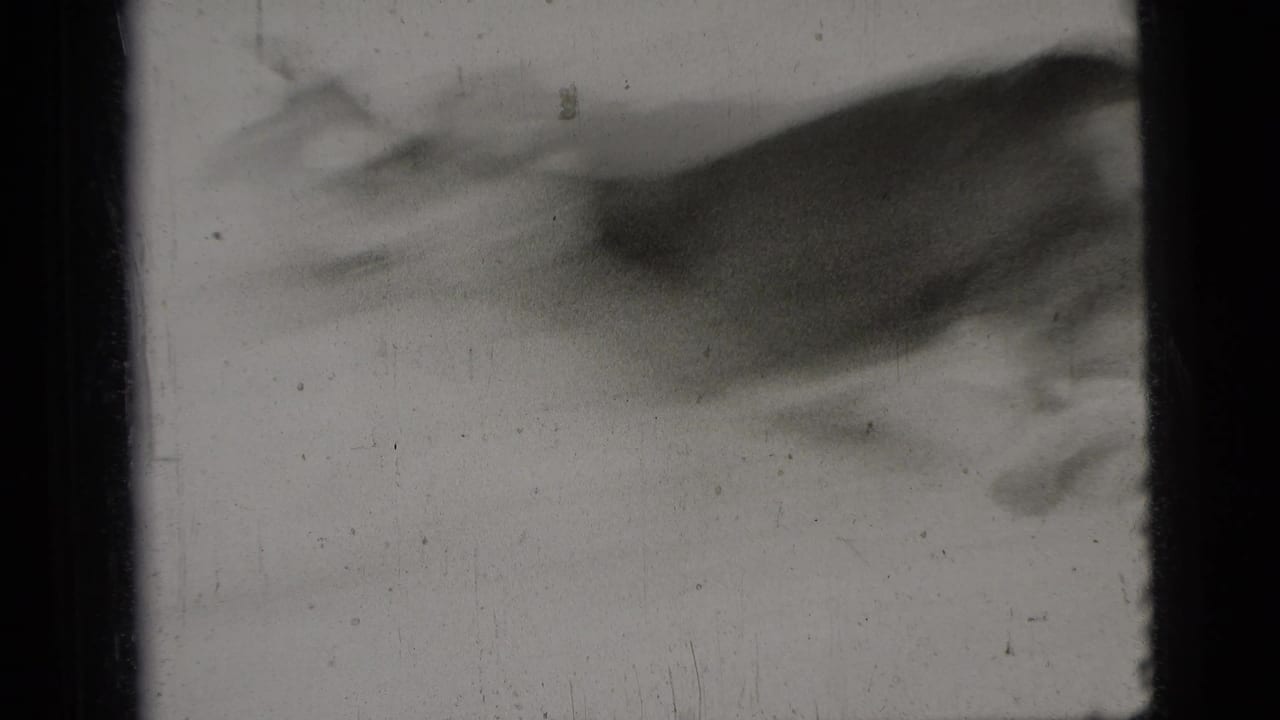 The dog is heavily motion-blurred while running across the pale surface in the black-and-white 8mm frame.