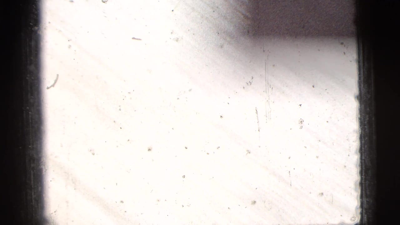 Pale 8mm frame from the 1956 clip with dark film borders, dust specks, and limited visible scene detail.
