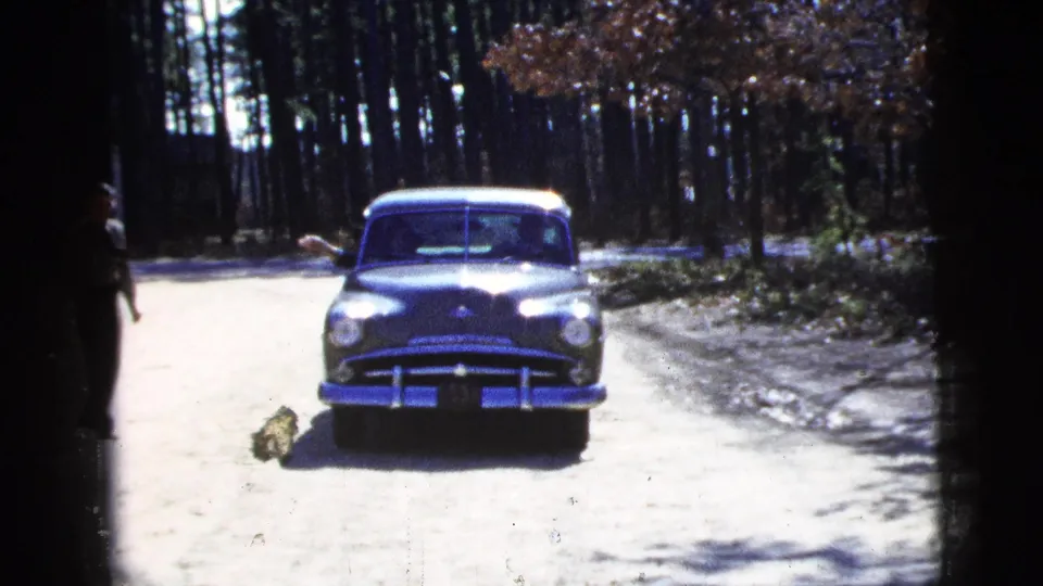 1956 home-movie frame of a dark mid-century sedan approaching on a bright dirt road in a wooded New York City-area scene.