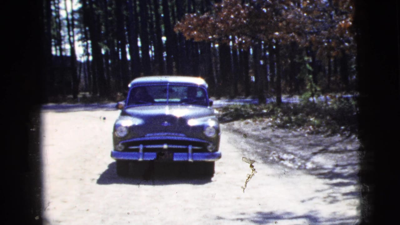 Front view of a dark vintage sedan on a wooded dirt road with strong sunlight and shadows.
