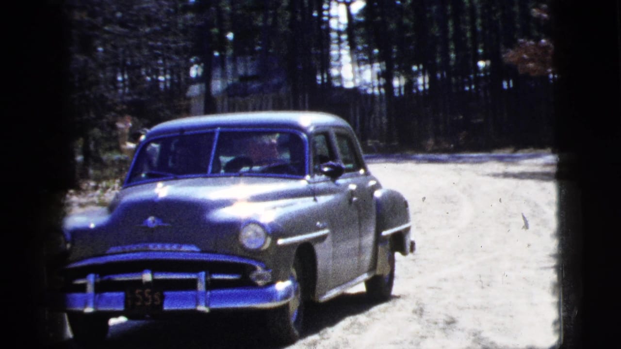 Silver mid-century sedan approaching on a dirt road through trees.