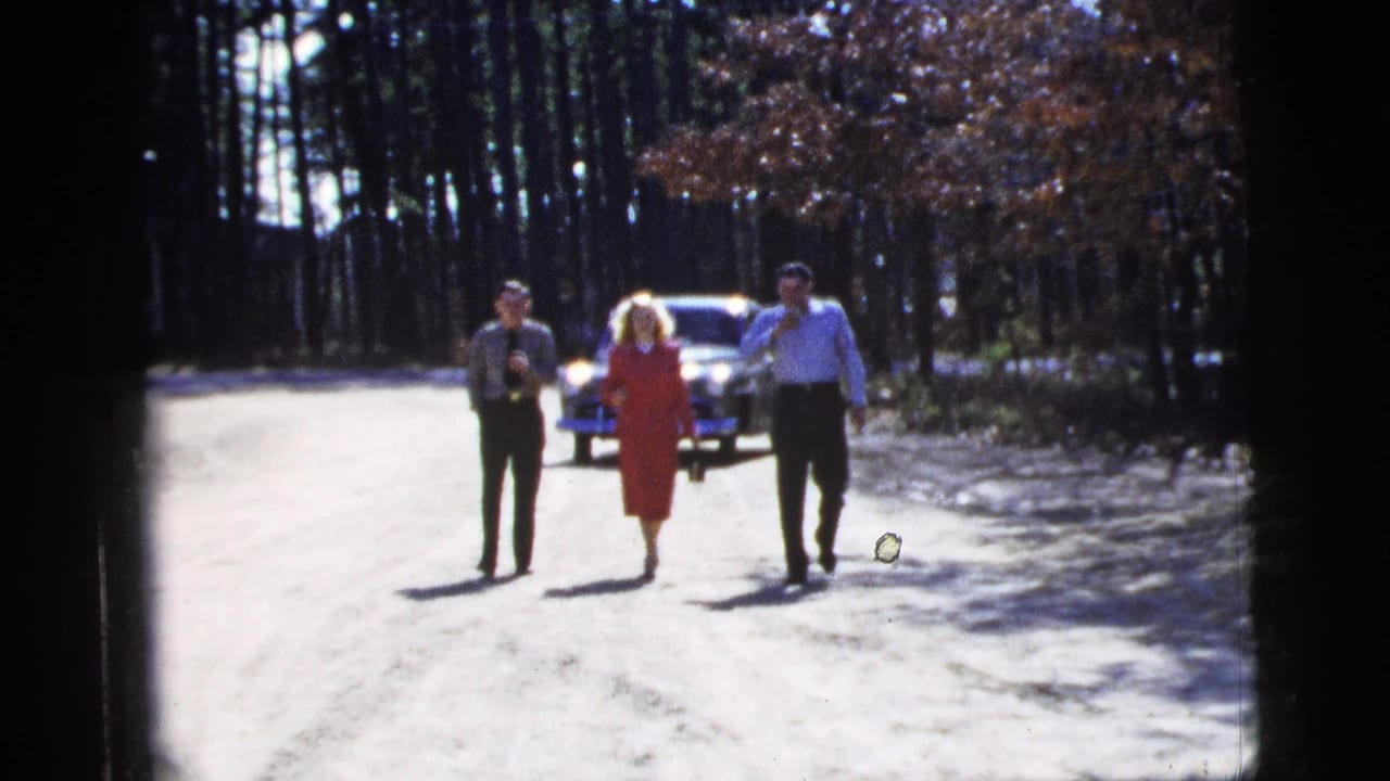 Three adults walk down a sunlit dirt road with a car behind them and tall trees on both sides.