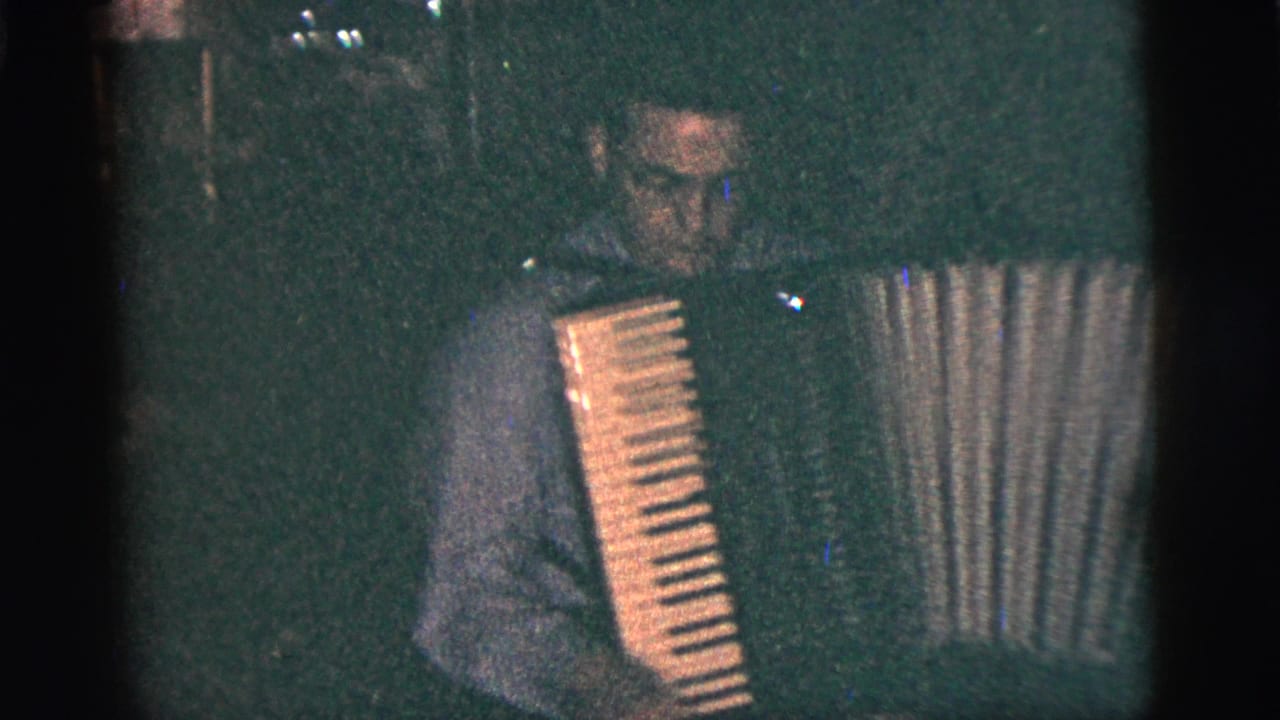 The accordion player remains in view in the dark interior, with the bellows extended and face partly visible.