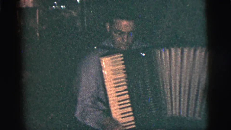 The accordion player remains in view in the dark interior, with the bellows extended and face partly visible.