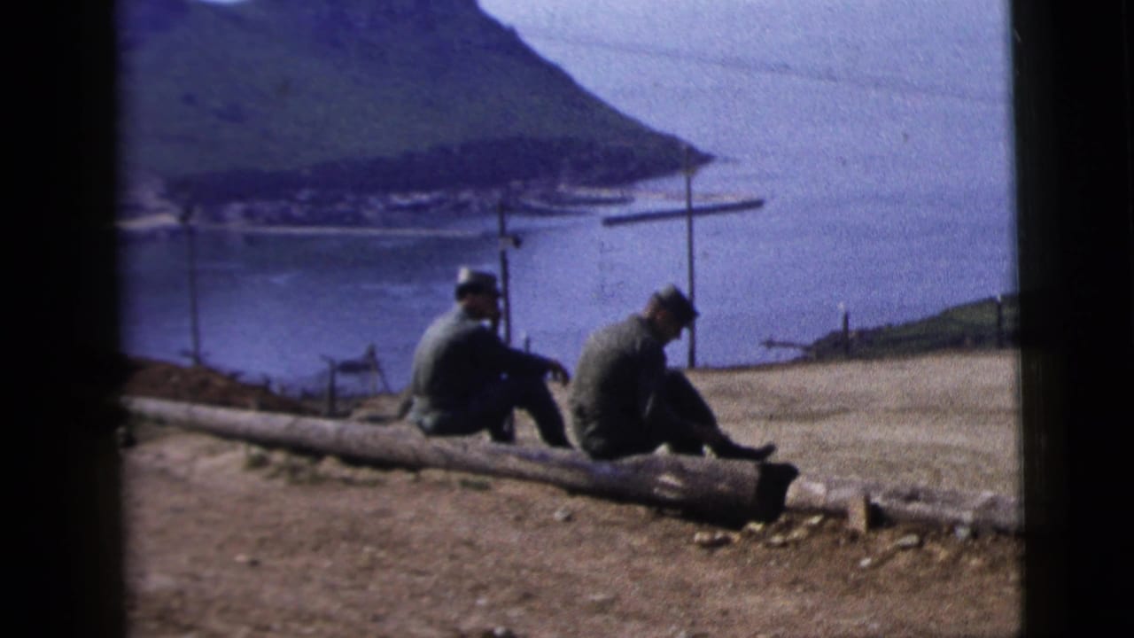 Two seated men face a bay from a hillside overlook beside a long log.
