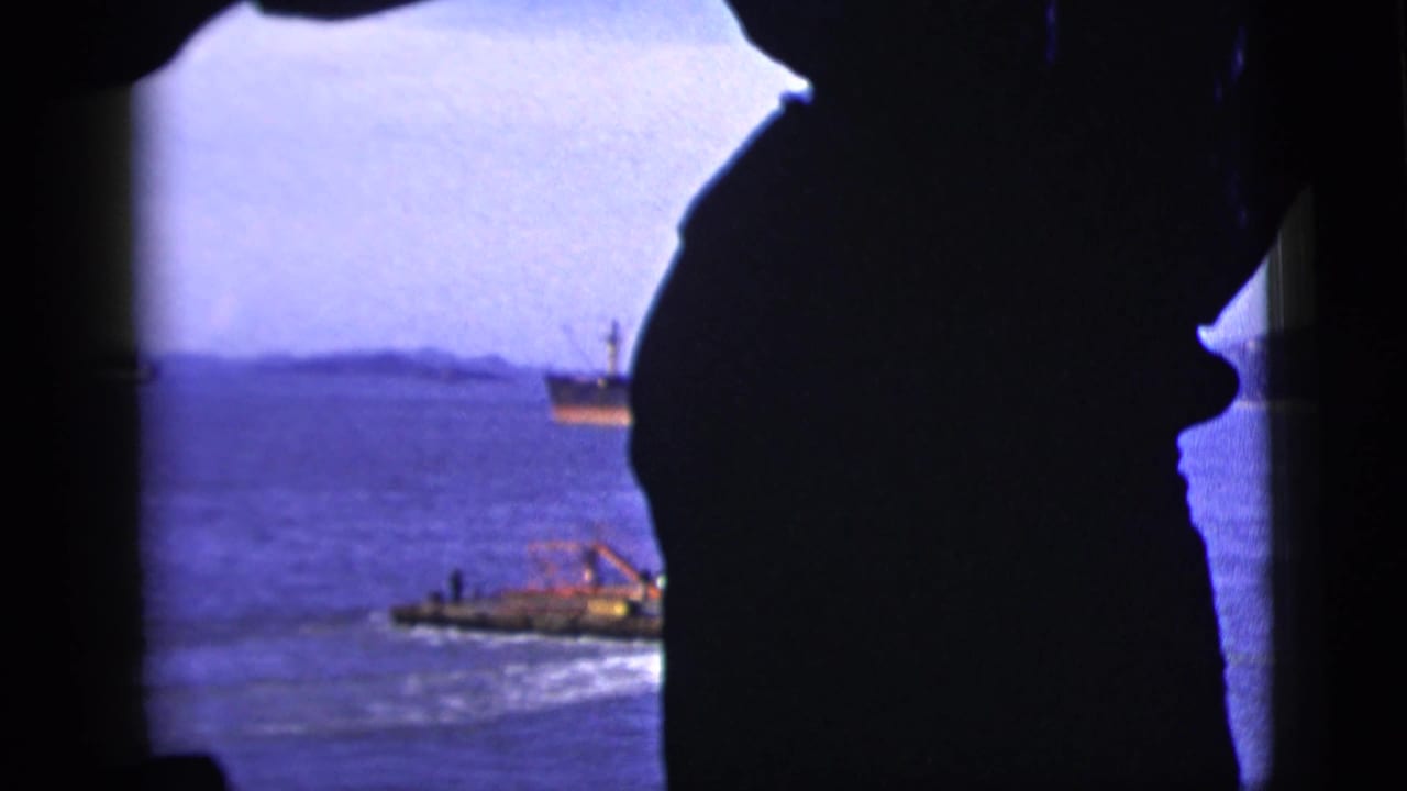 Dark hat silhouette and window frame obscure a bay with boats and distant shoreline.