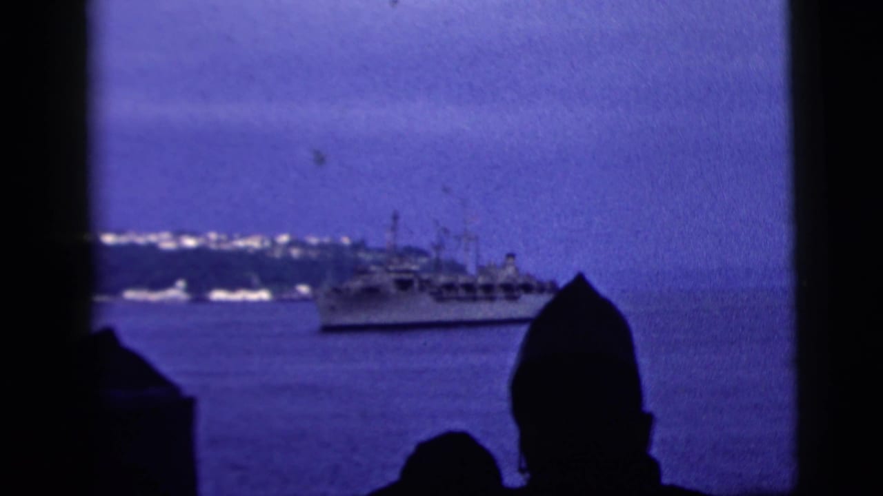 Distant ship on blue water framed by dark foreground silhouettes.