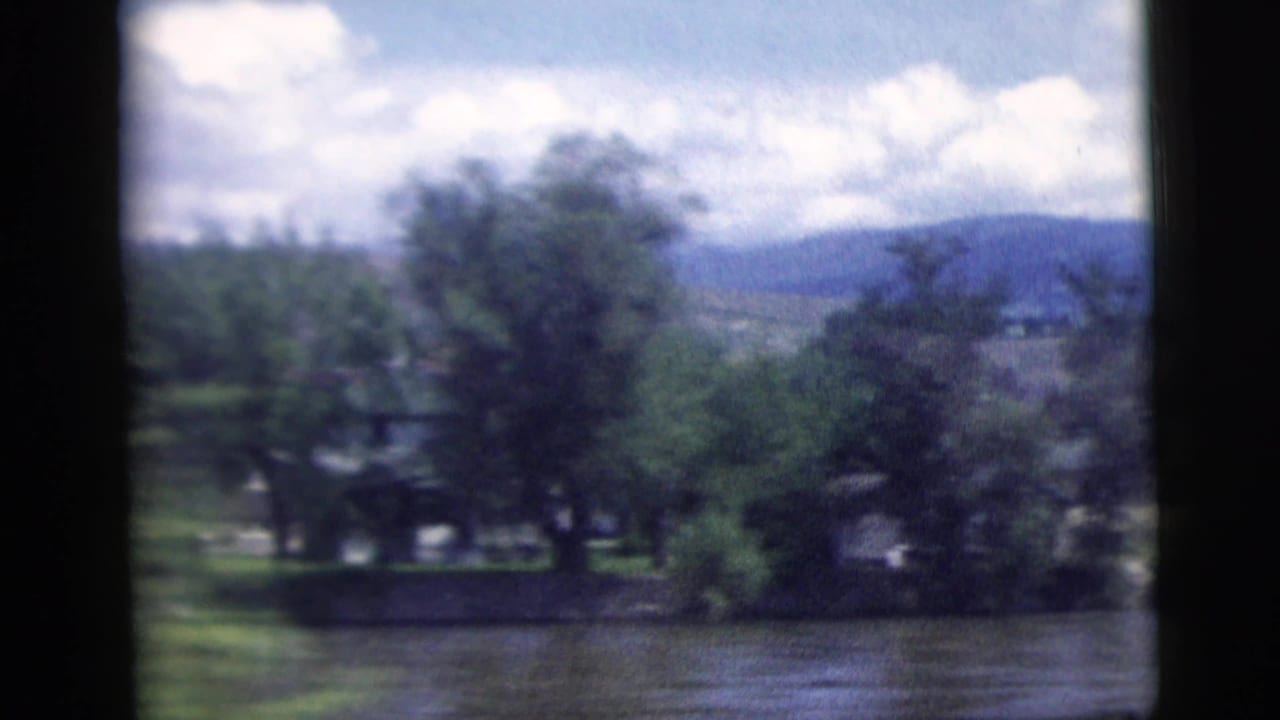 Tree-lined riverbank with small structures, distant hills, and bright clouds.