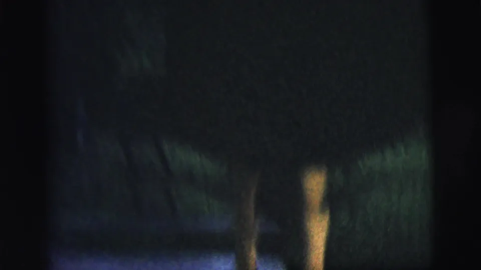 Soft, underexposed frame shows the woman’s dark dress and legs against grass in a backyard home-movie shot.