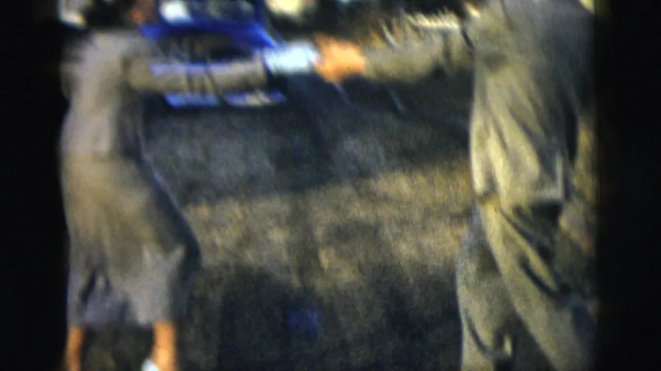 A motion-blurred 1958 home-movie frame catches the couple mid-dance with clasped hands, suits, lawn, and a blue car behind them.