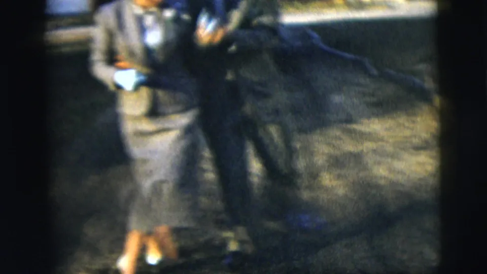 The couple is partly cut off by the handheld frame while dancing in a suburban yard in 1958 New York footage.