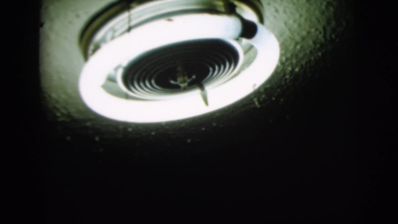 A close view of two illuminated circular ceiling fixtures in darkness.