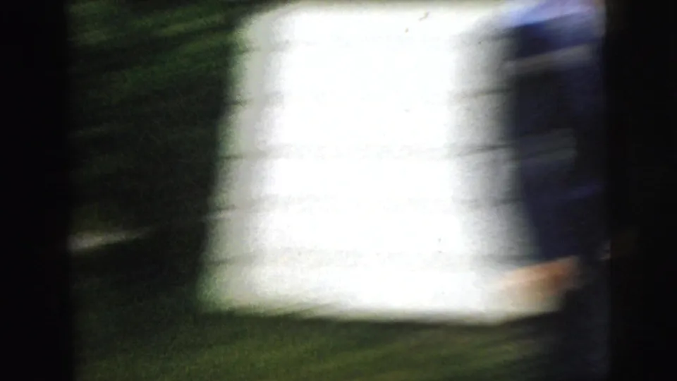 A blurred closing frame shows the dancing motion passing the camera, with a bright house wall, greenery, and part of a suit at the edge.