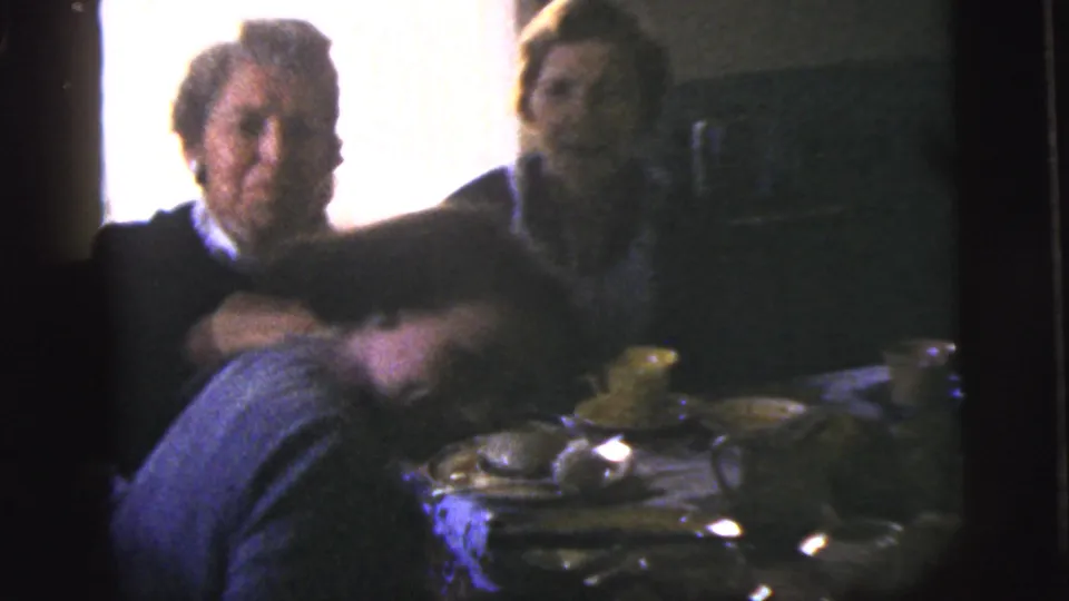The couple sits close together at a cluttered kitchen table, with dishes in front and a bright window behind them.