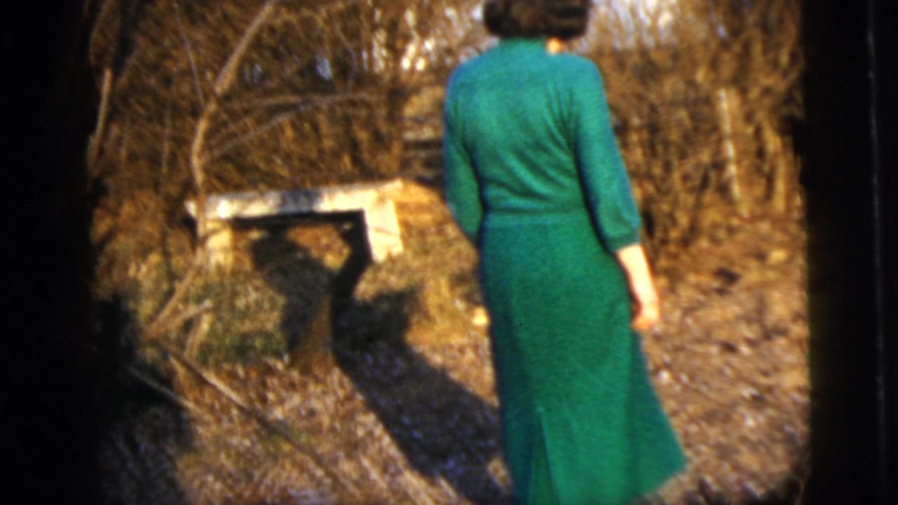 Woman in a green dress seen from behind in a leaf-covered garden.