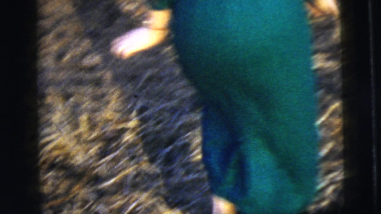 In 1958 New York City home-movie footage, a woman in a green dress walks outdoors past dry grass and bare branches.