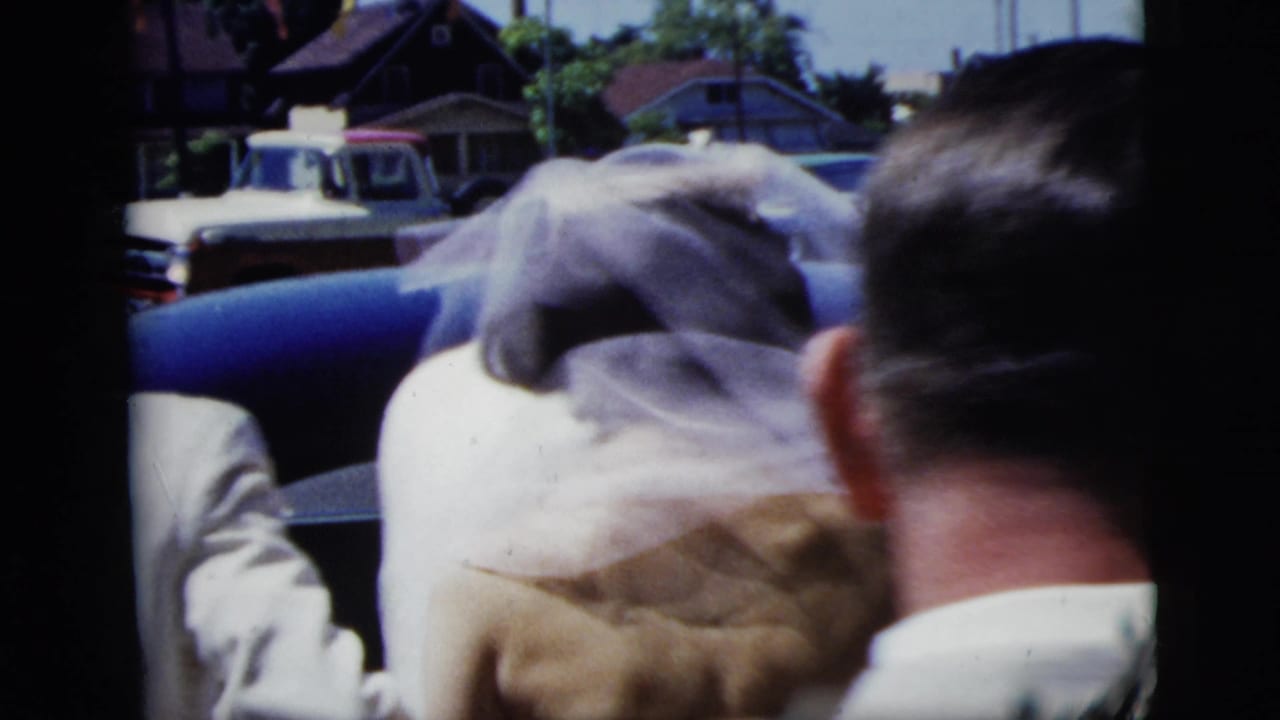 Bride and guests are seen from behind beside a blue car and white truck.