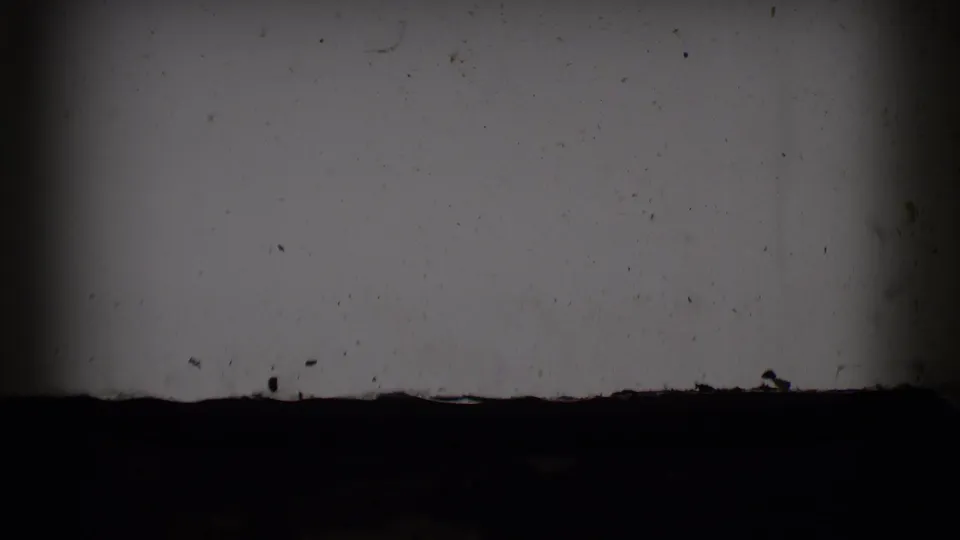 Low-light 8mm frame from the Saint Louis clip showing a pale interior wall or surface, dark foreground band, and visible film artifacts.