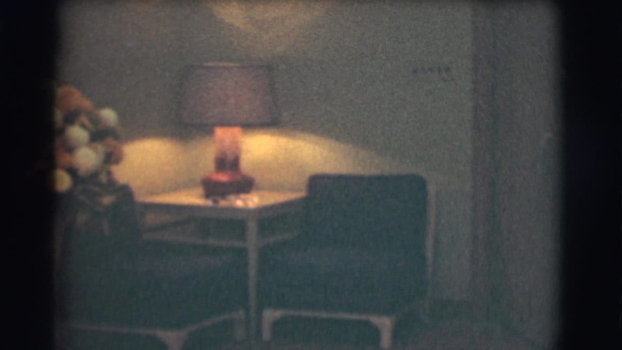 Flower arrangement, lamp, side table, and upholstered chair in a dark interior.