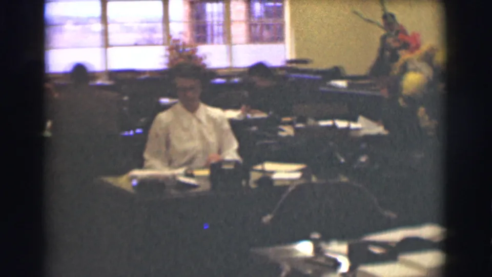 A worker sits at a desk with paperwork in the 1959 Saint Louis office, with windows and a floral arrangement in the room.